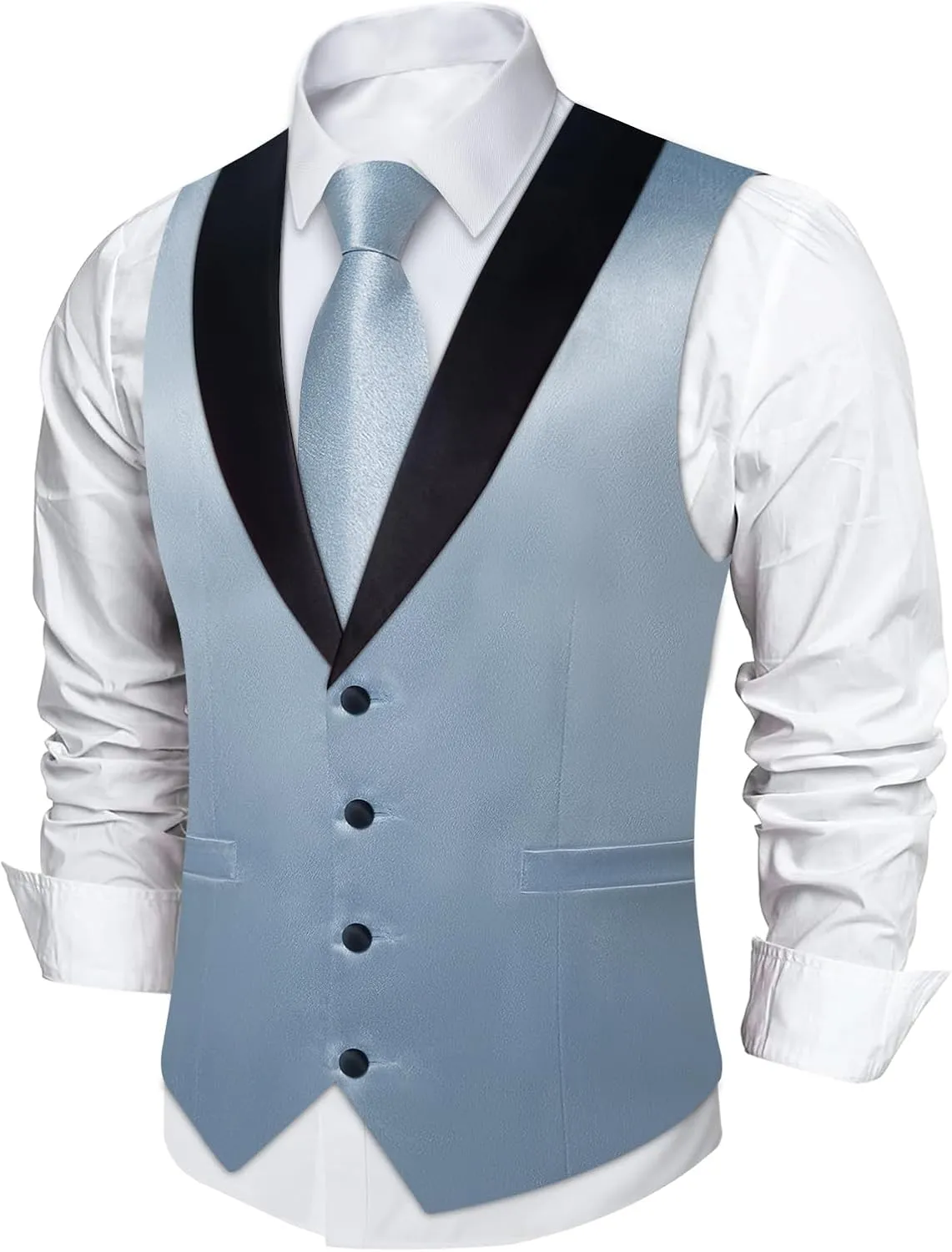 DiBanGu Mens Vest Formal Solid Color Waistcoat and Tie Pocket Square Set Satin Shawl Lapel Dress Vest Wedding Business