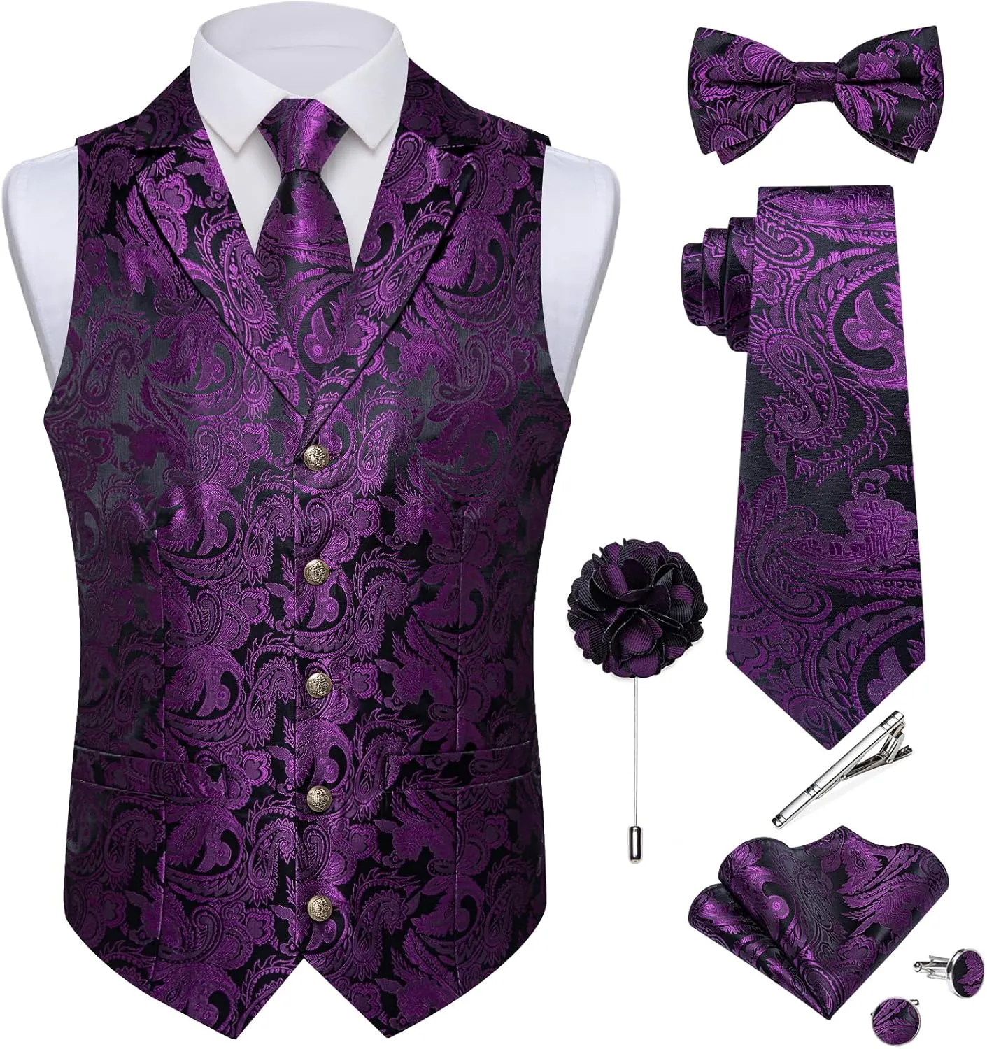 DiBanGu Silk Vest Tie Set for Men,Woven Paisley Dress Waistcoat and Bowtie Pocket Square Cufflinks Lapel Pin Formal Suit Vest
