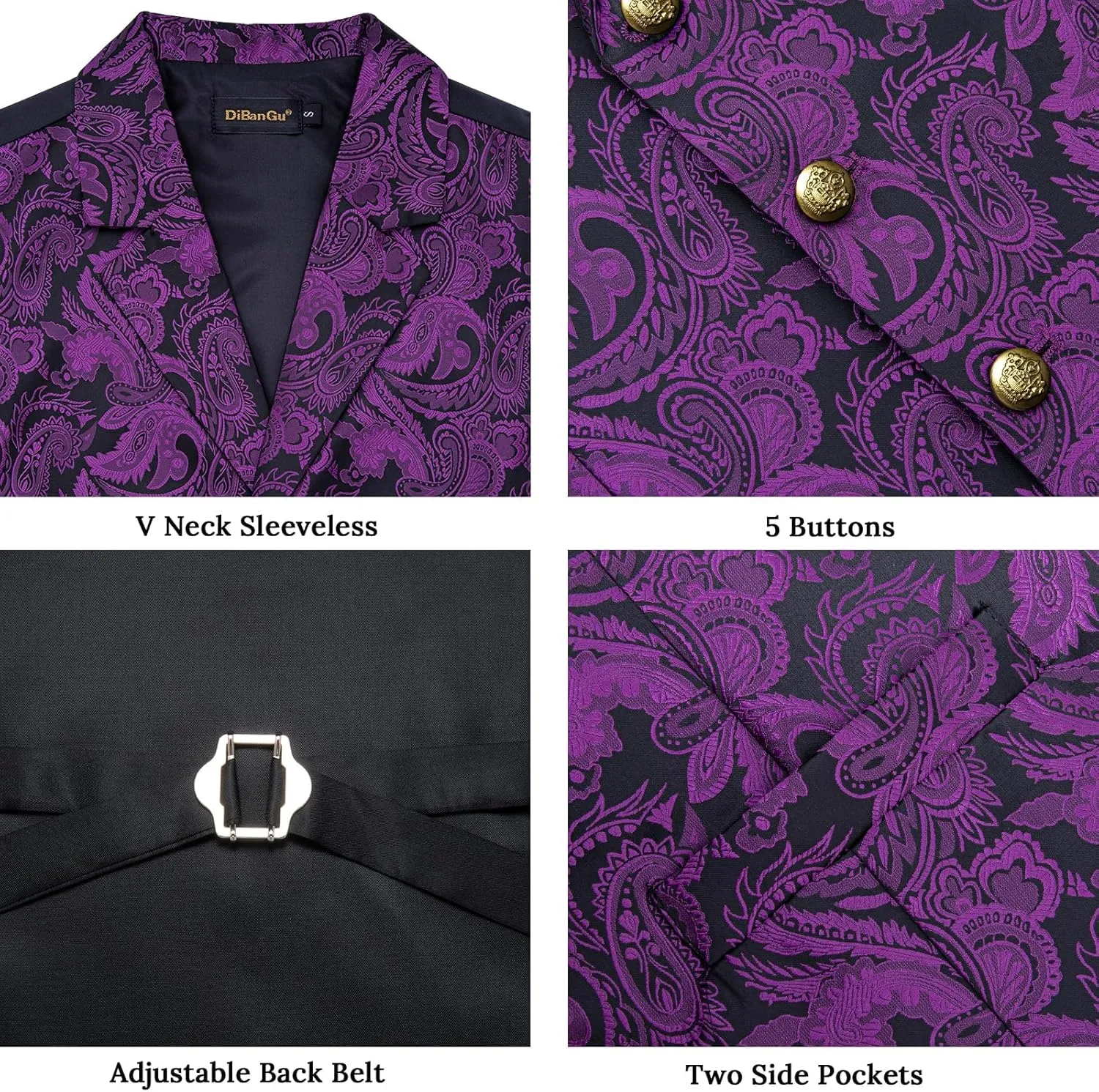 DiBanGu Silk Vest Tie Set for Men,Woven Paisley Dress Waistcoat and Bowtie Pocket Square Cufflinks Lapel Pin Formal Suit Vest