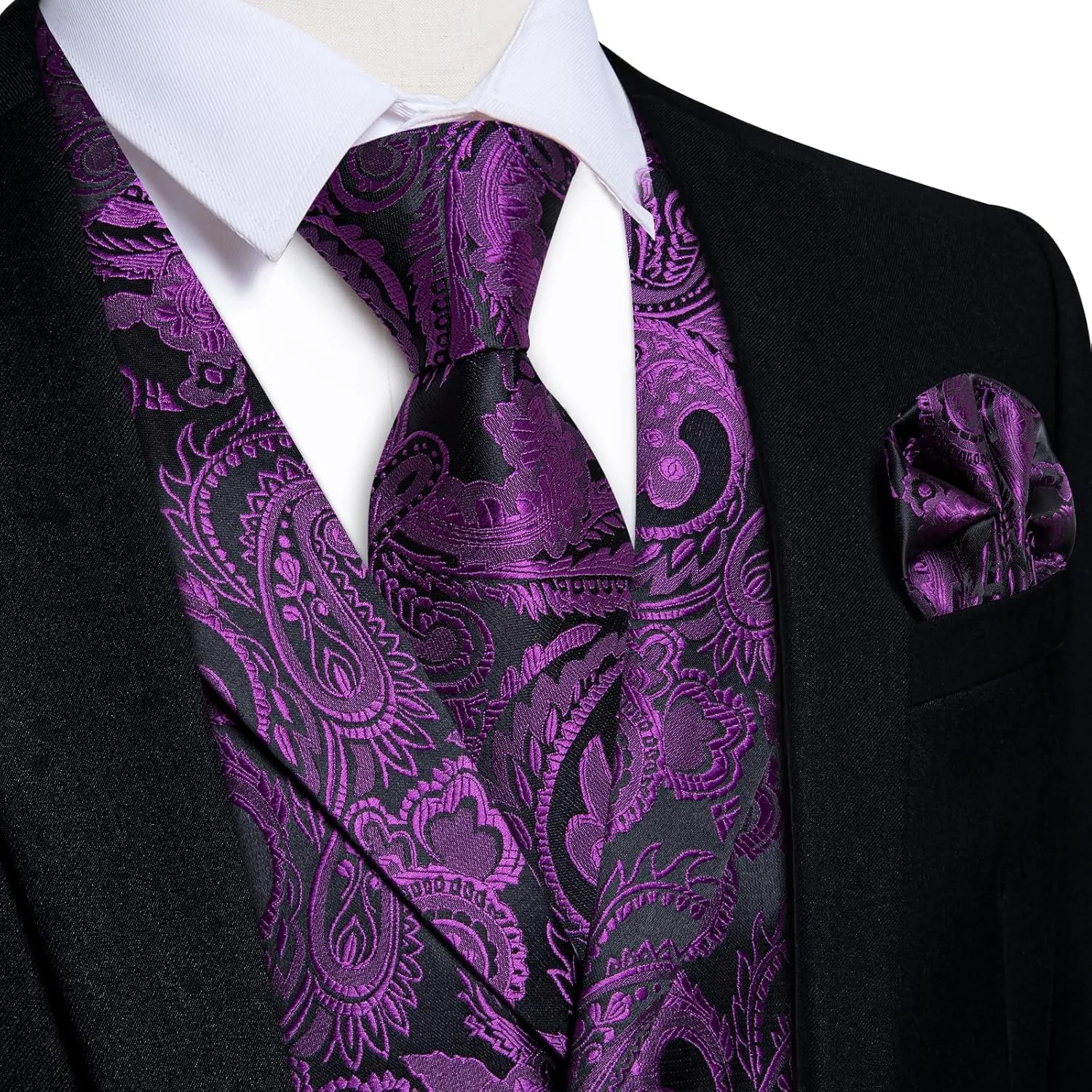 DiBanGu Silk Vest Tie Set for Men,Woven Paisley Dress Waistcoat and Bowtie Pocket Square Cufflinks Lapel Pin Formal Suit Vest
