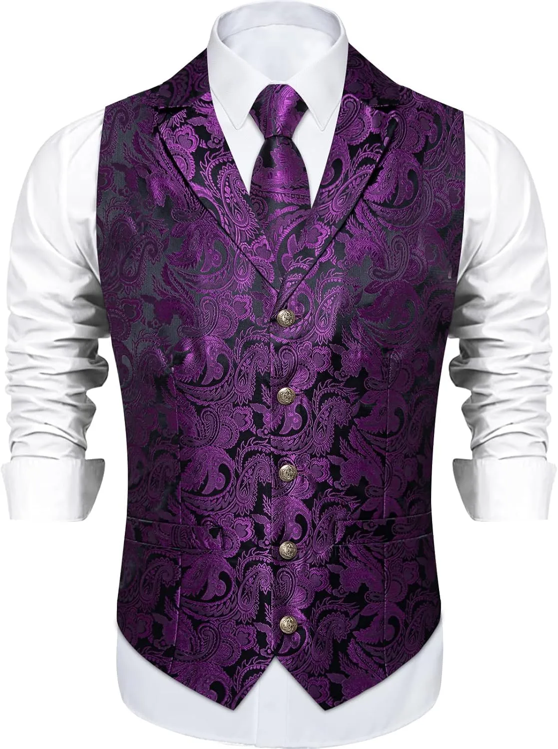 DiBanGu Silk Vest Tie Set for Men,Woven Paisley Dress Waistcoat and Bowtie Pocket Square Cufflinks Lapel Pin Formal Suit Vest