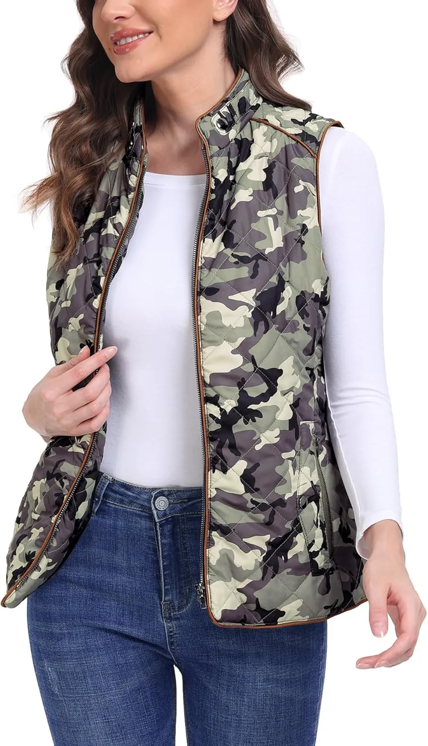 Dilgul Women Padded Vest Stand Collar Zip Up Trendy Puffer Lightweight Quilted Vest