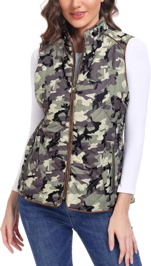 Dilgul Women Padded Vest Stand Collar Zip Up Trendy Puffer Lightweight Quilted Vest