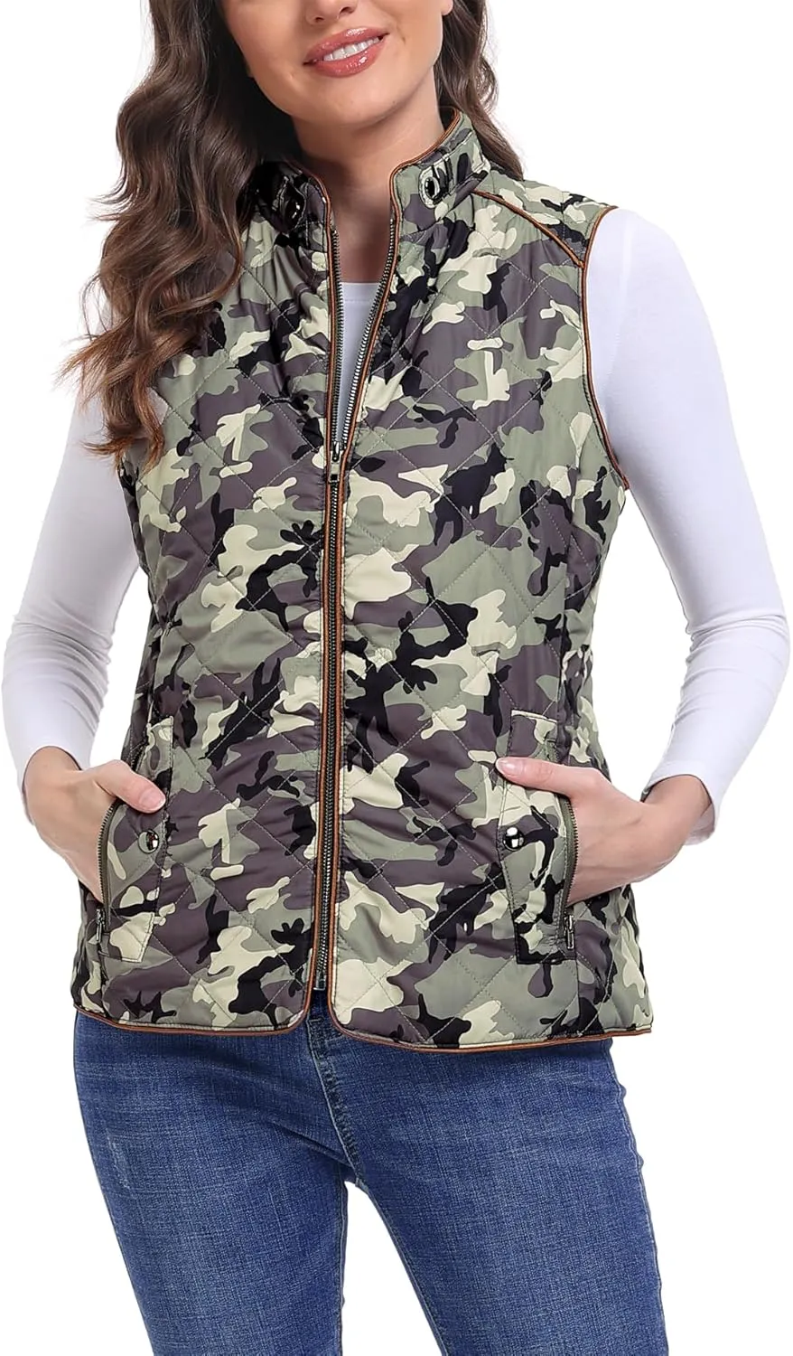 Dilgul Women Padded Vest Stand Collar Zip Up Trendy Puffer Lightweight Quilted Vest