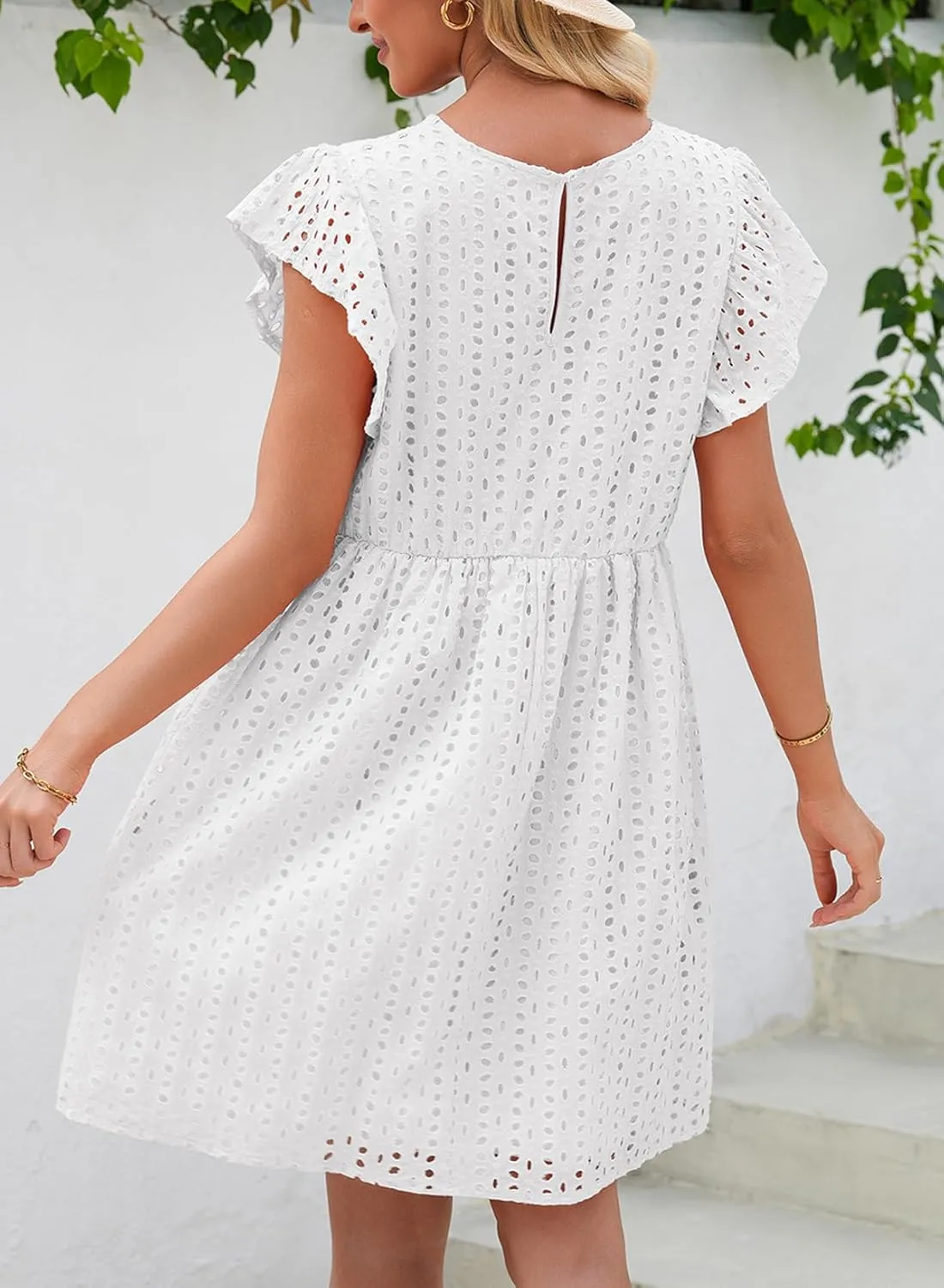 Dokotoo Womens Summer Dresses V Neck Ruffle Sleeve Cut-Out Embroidery Eyelet Lace Dress