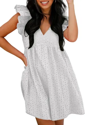 Dokotoo Womens Summer Dresses V Neck Ruffle Sleeve Cut-Out Embroidery Eyelet Lace Dress