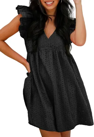 Dokotoo Womens Summer Dresses V Neck Ruffle Sleeve Cut-Out Embroidery Eyelet Lace Dress