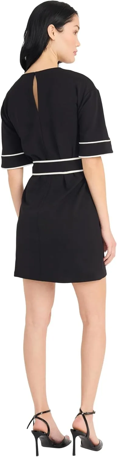Donna Morgan Women's Scuba Crepe Mini Length Contrast Piping-Tie Waist Kimono Sleeve Short Cocktail Dress