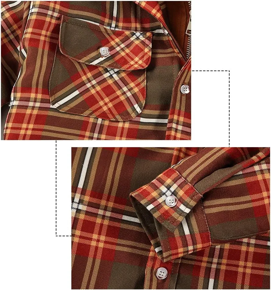 DOSLAVIDA Men's Flannel Shirt Jacket Quilted Lined Winter Coat Long Sleeve Button Dwon Shirt Warm Hooded Plaid Jacket