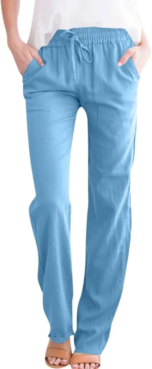 Dress Pants Women High Waisted,Womens Sweatpants Palazzo Straight Leg Trousers Linen Cotton Dressy