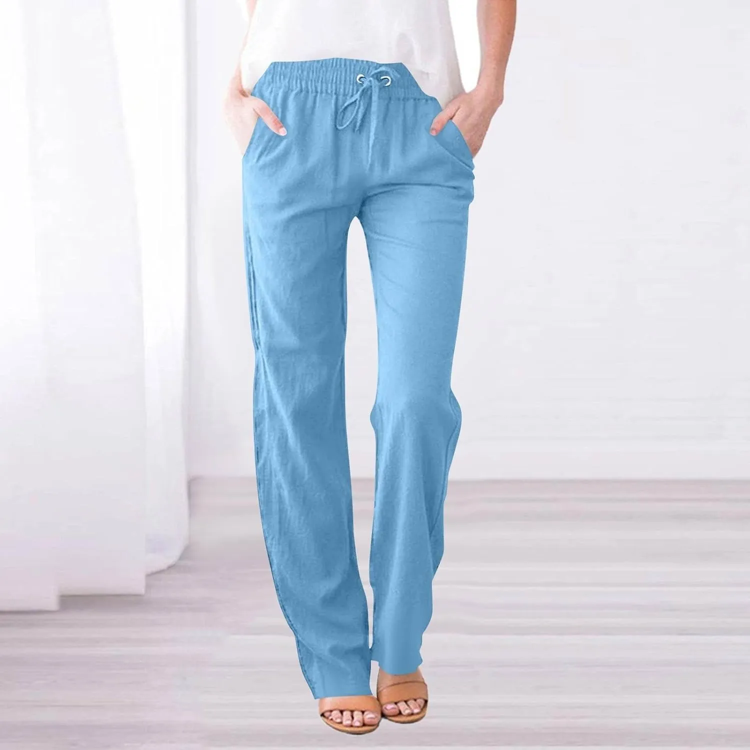 Dress Pants Women High Waisted,Womens Sweatpants Palazzo Straight Leg Trousers Linen Cotton Dressy