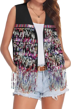Dresswel Womens Sequin Fringe Vests Glitter Open Front Cardigan Party Prom Rave Sleeveless Tassels Vest Jacket