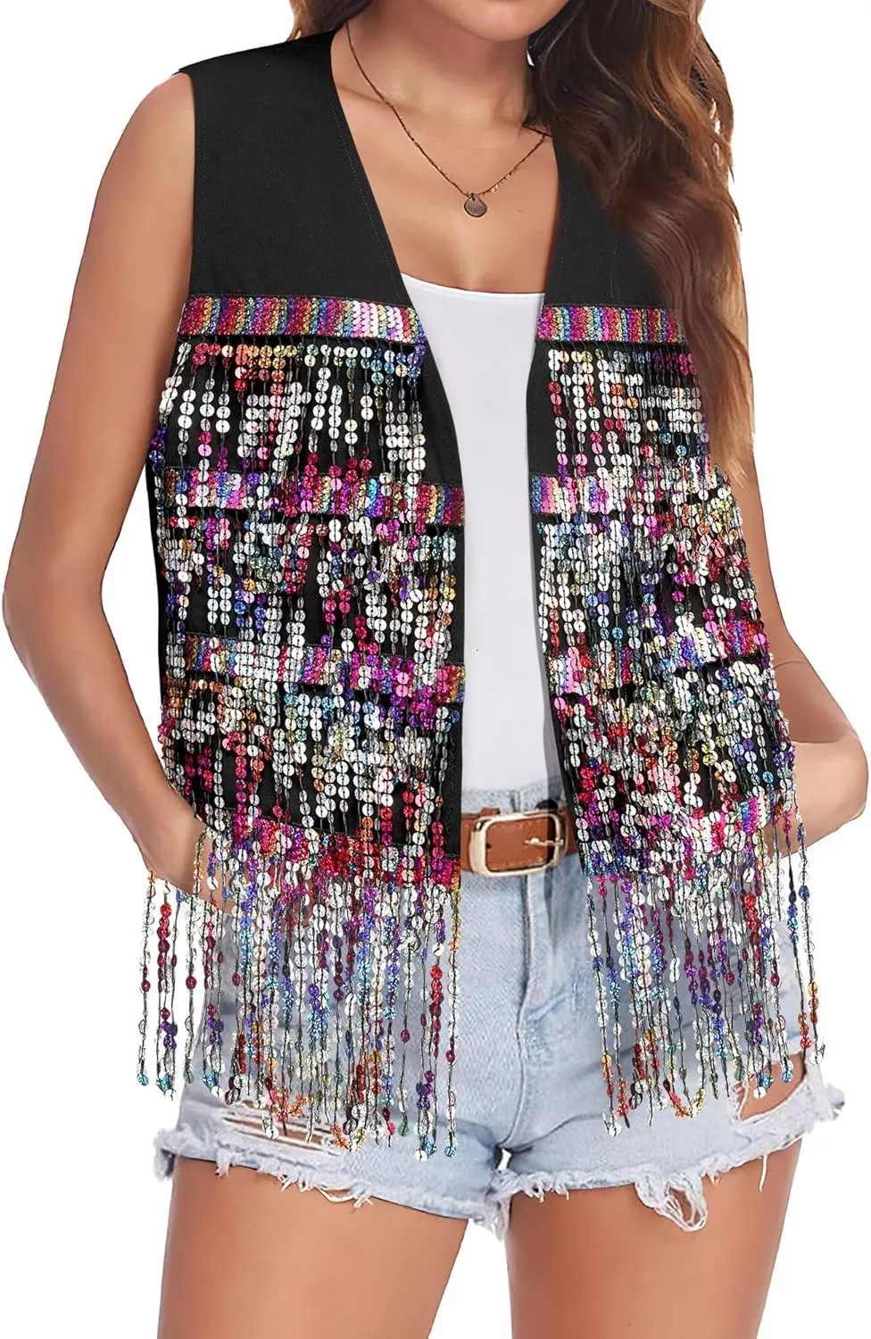 Dresswel Womens Sequin Fringe Vests Glitter Open Front Cardigan Party Prom Rave Sleeveless Tassels Vest Jacket