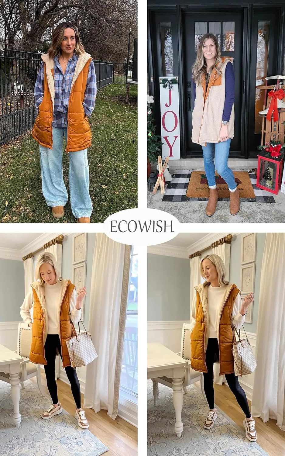 ECOWISH Women Long Puffer Vest: Fall Zip up Reversible Fleece Jacket 2024 Winter Warm Sleeveless Hooded Coat with Pockets