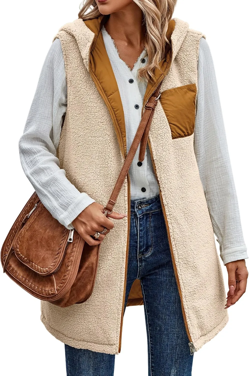 ECOWISH Women Long Puffer Vest: Fall Zip up Reversible Fleece Jacket 2024 Winter Warm Sleeveless Hooded Coat with Pockets