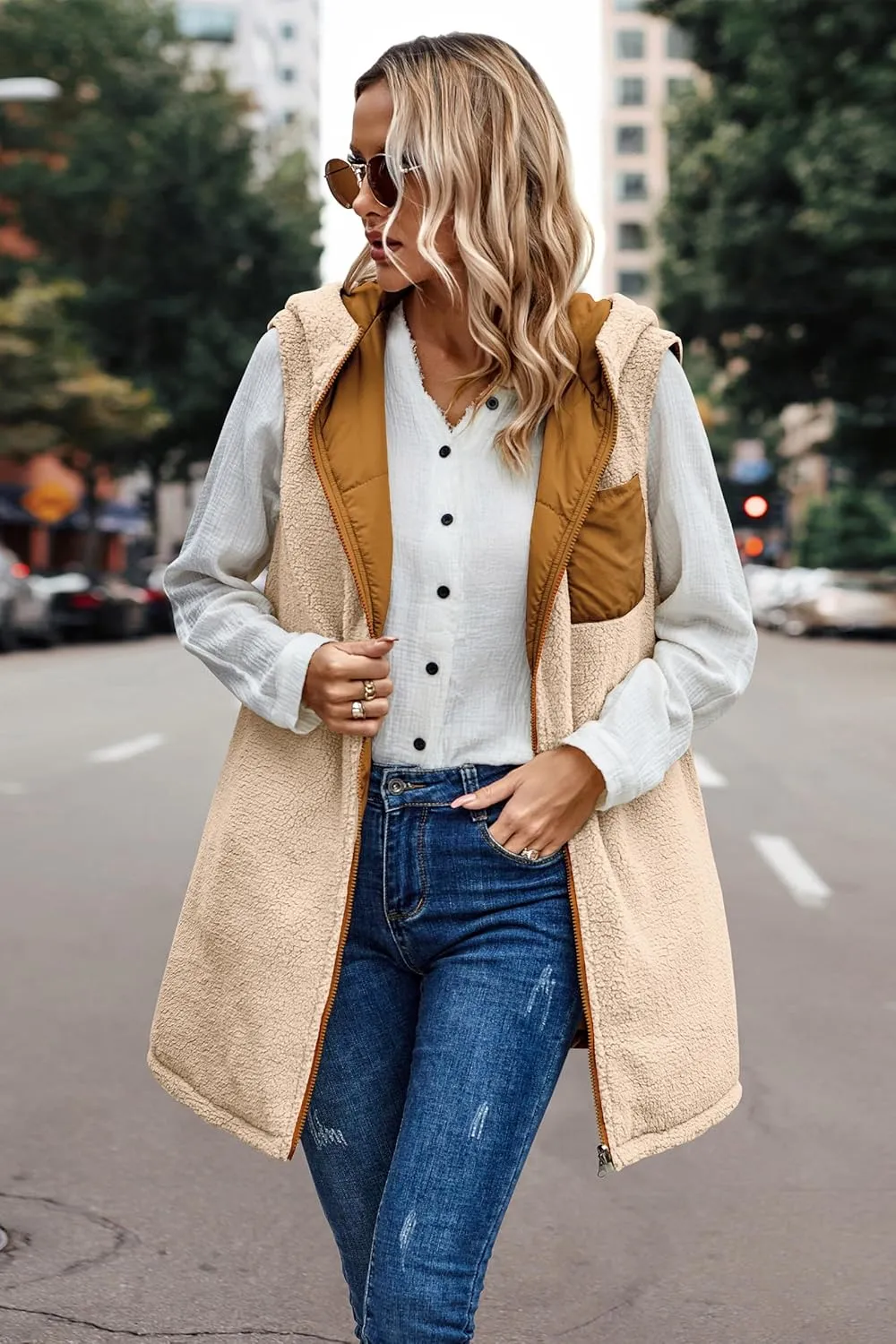 ECOWISH Women Long Puffer Vest: Fall Zip up Reversible Fleece Jacket 2024 Winter Warm Sleeveless Hooded Coat with Pockets