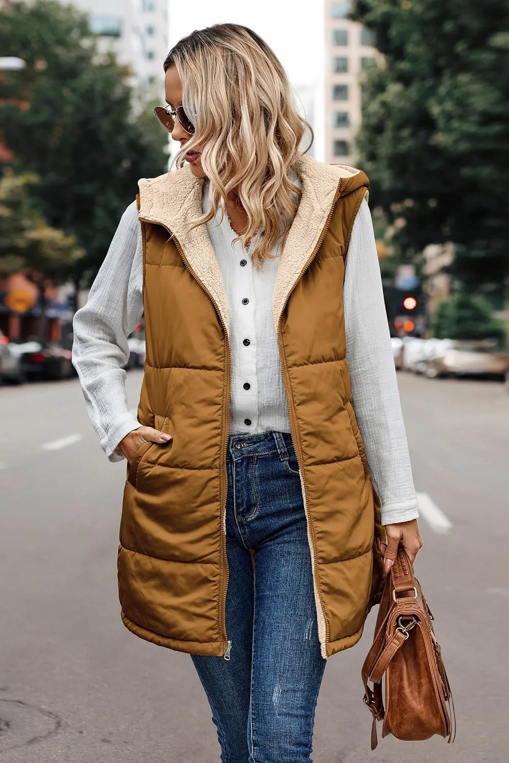 ECOWISH Women Long Puffer Vest: Fall Zip up Reversible Fleece Jacket 2024 Winter Warm Sleeveless Hooded Coat with Pockets