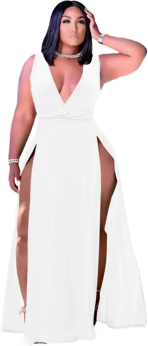 Ekaliy Women's Plus Size Sleeveless Deep V Neck Front Split Long Maxi Wrap Dress