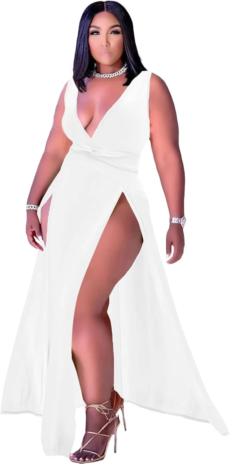 Ekaliy Women's Plus Size Sleeveless Deep V Neck Front Split Long Maxi Wrap Dress