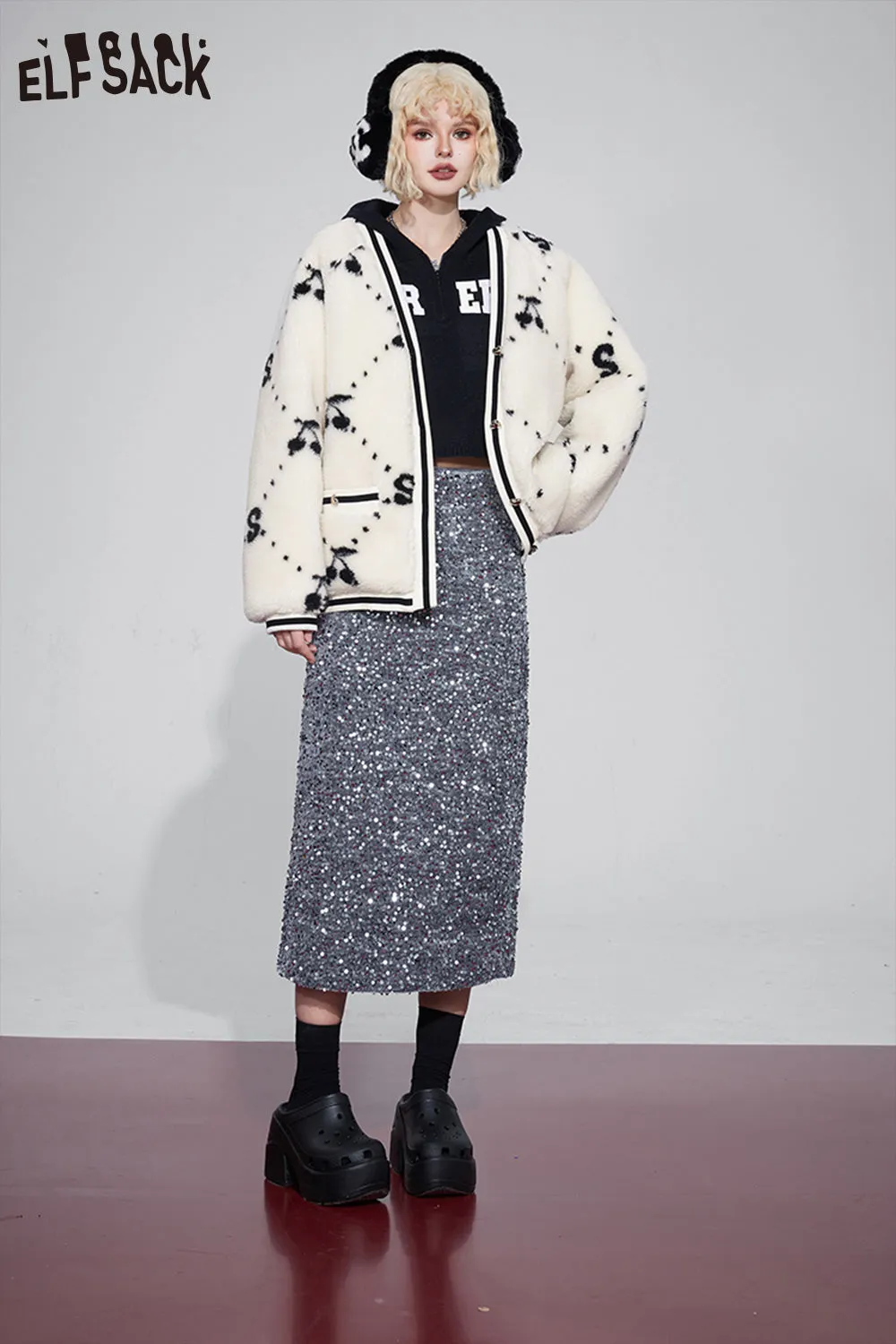 ELFSACK Kawaii Cherry Thicken Cotton Jackets Women 2023 Winter New Korean Fashion Outwears