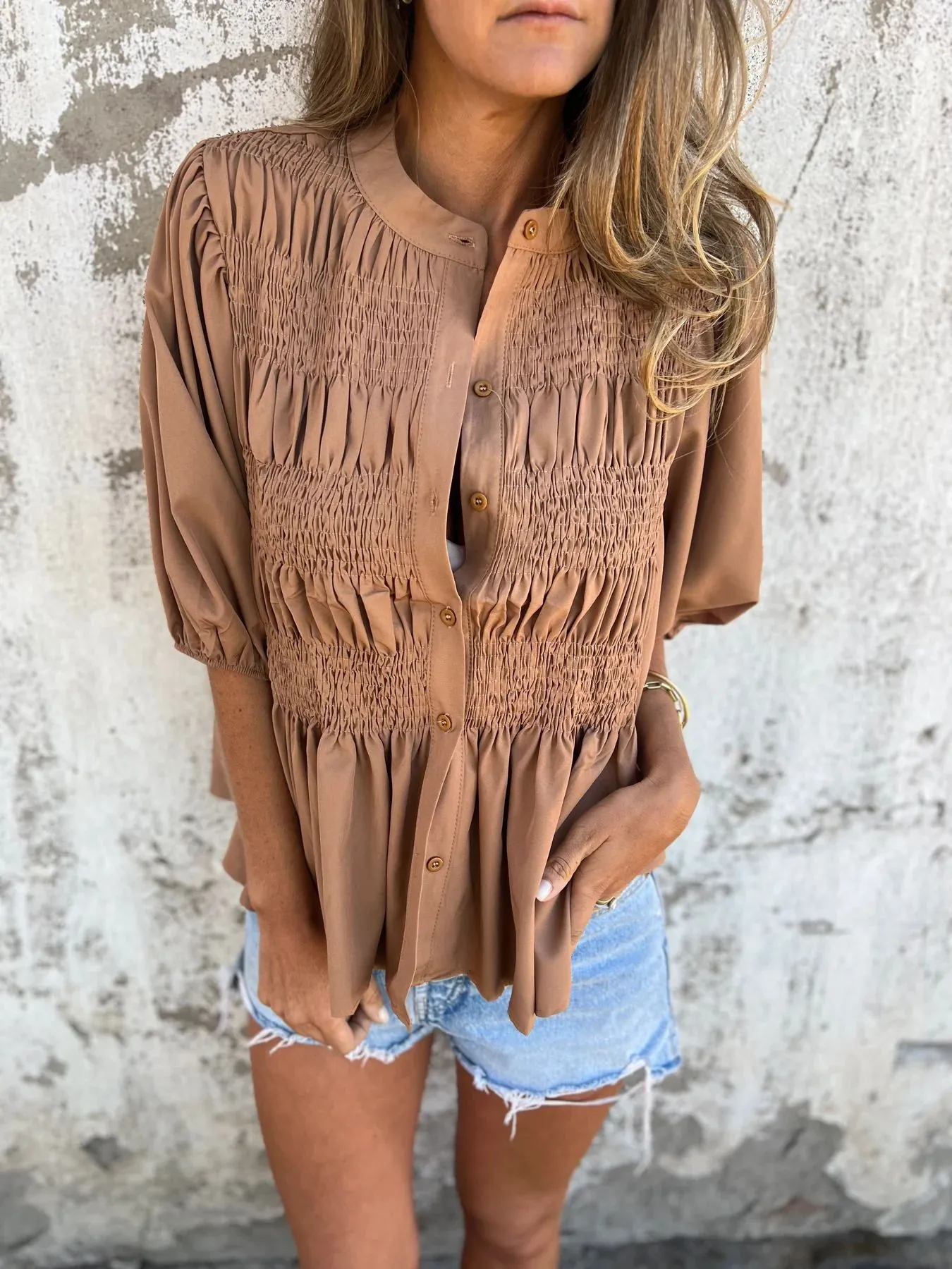 ELIZA - Pleated Button-Up Blouse