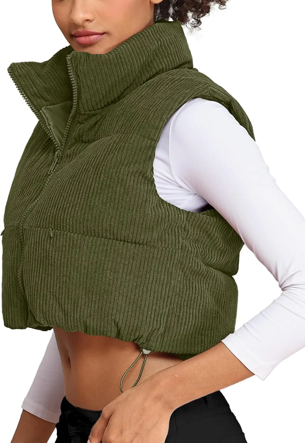 ELLEVEN Women's Corduroy Cropped Puffer Vest with Pockets, High Stand Collar Outerwear Lightweight Warm Sleeveless Jacket