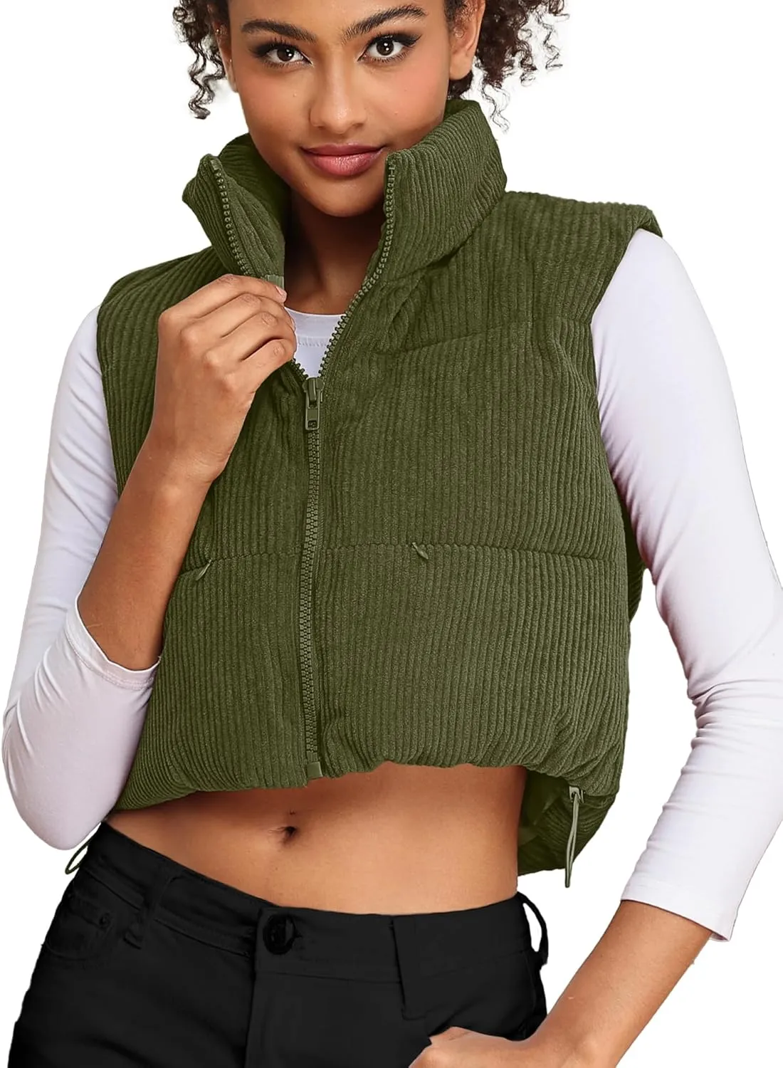 ELLEVEN Women's Corduroy Cropped Puffer Vest with Pockets, High Stand Collar Outerwear Lightweight Warm Sleeveless Jacket