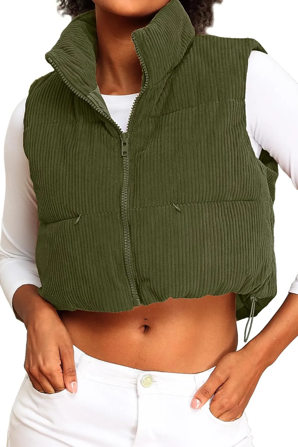 ELLEVEN Women's Corduroy Cropped Puffer Vest with Pockets, High Stand Collar Outerwear Lightweight Warm Sleeveless Jacket