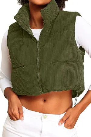ELLEVEN Women's Corduroy Cropped Puffer Vest with Pockets, High Stand Collar Outerwear Lightweight Warm Sleeveless Jacket