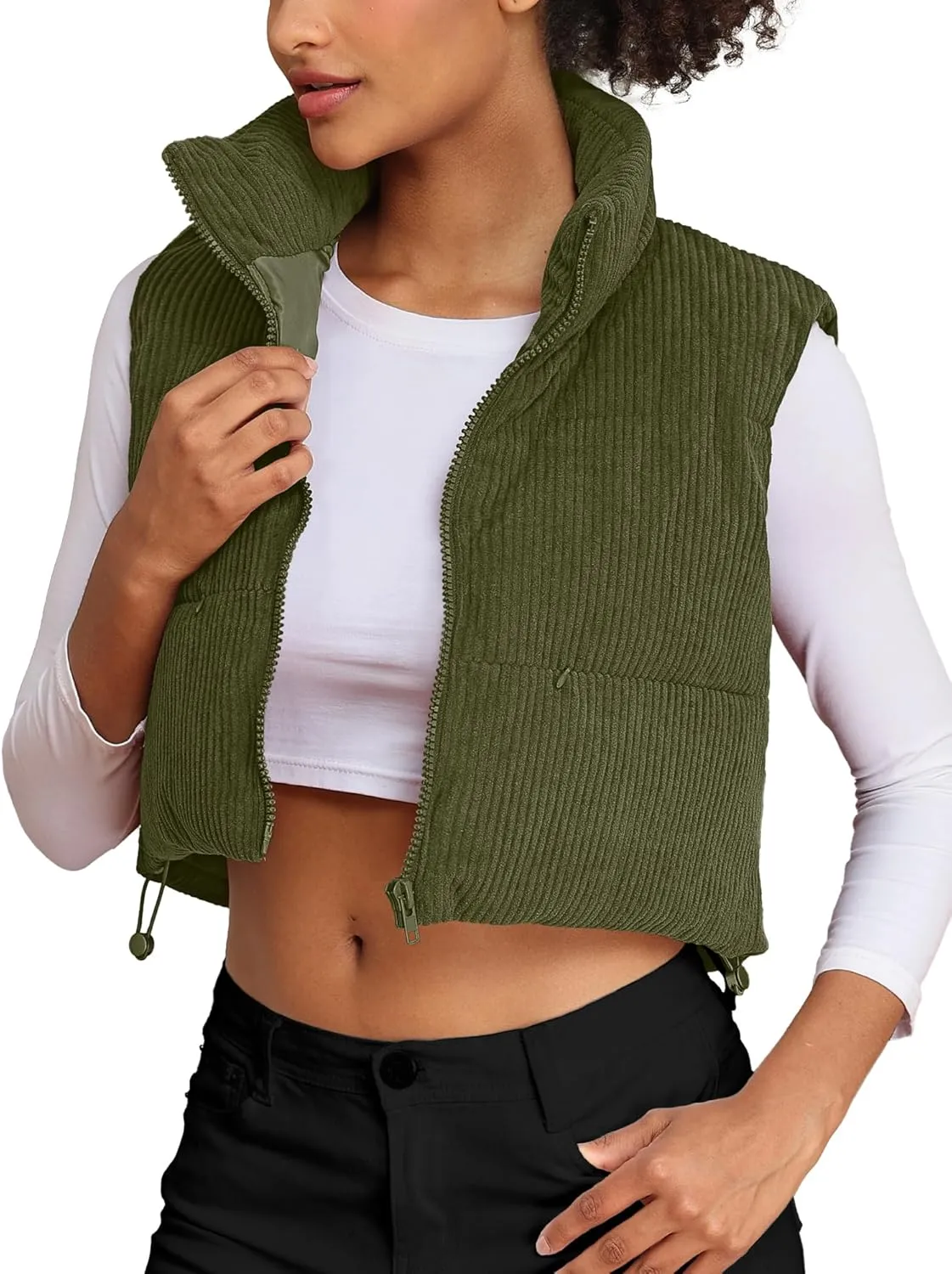 ELLEVEN Women's Corduroy Cropped Puffer Vest with Pockets, High Stand Collar Outerwear Lightweight Warm Sleeveless Jacket
