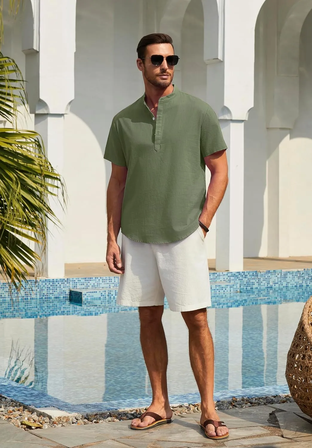 Enlision Mens Cotton Linen Henley Shirts Casual Short Sleeve Shirt Summer Beach Hippie Tshirt Band Collar Shirt for Men