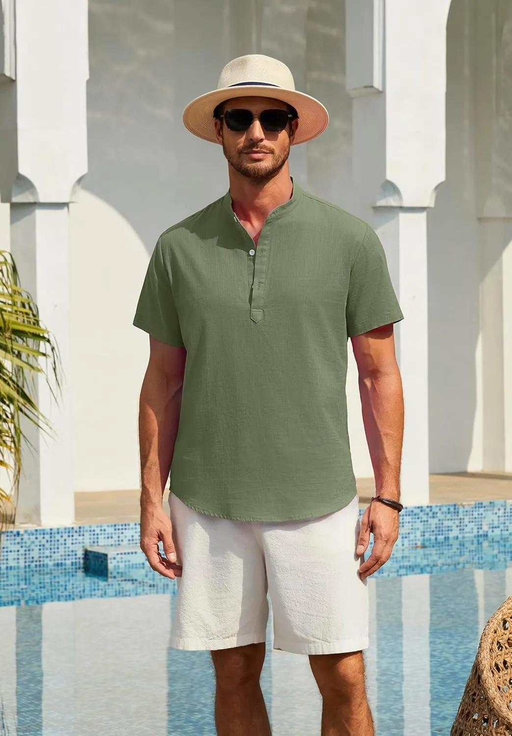 Enlision Mens Cotton Linen Henley Shirts Casual Short Sleeve Shirt Summer Beach Hippie Tshirt Band Collar Shirt for Men