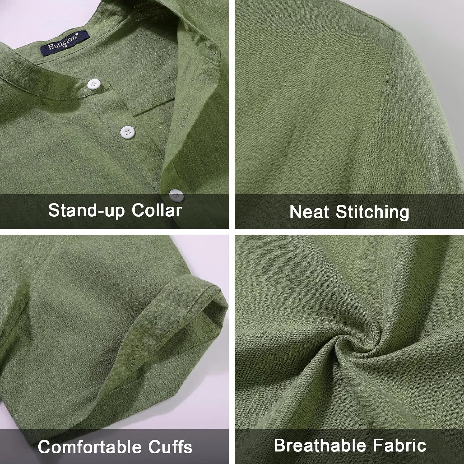 Enlision Mens Cotton Linen Henley Shirts Casual Short Sleeve Shirt Summer Beach Hippie Tshirt Band Collar Shirt for Men
