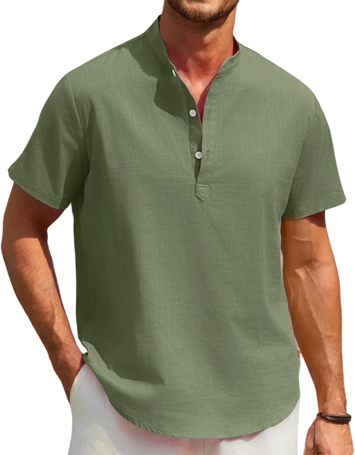 Enlision Mens Cotton Linen Henley Shirts Casual Short Sleeve Shirt Summer Beach Hippie Tshirt Band Collar Shirt for Men
