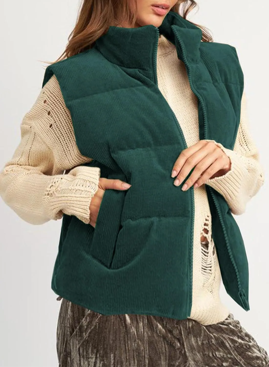 EVALESS Corduroy Cropped Puffer Vest for Women Lightweight Stand Collar Sleeveless Jackets Zip Up Clothes Fashion 2024