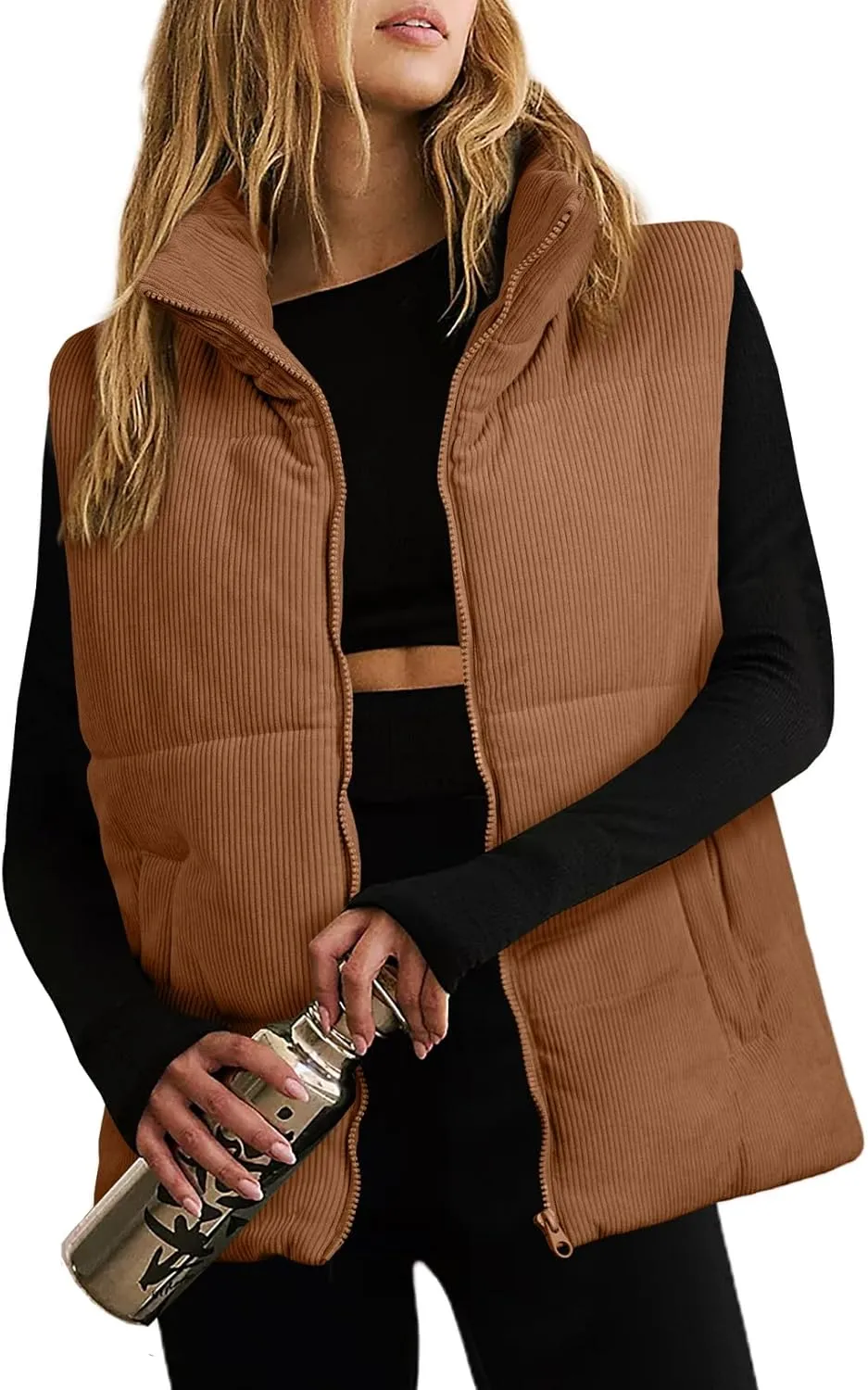 EVALESS Corduroy Cropped Puffer Vest for Women Lightweight Stand Collar Sleeveless Jackets Zip Up Clothes Fashion 2024