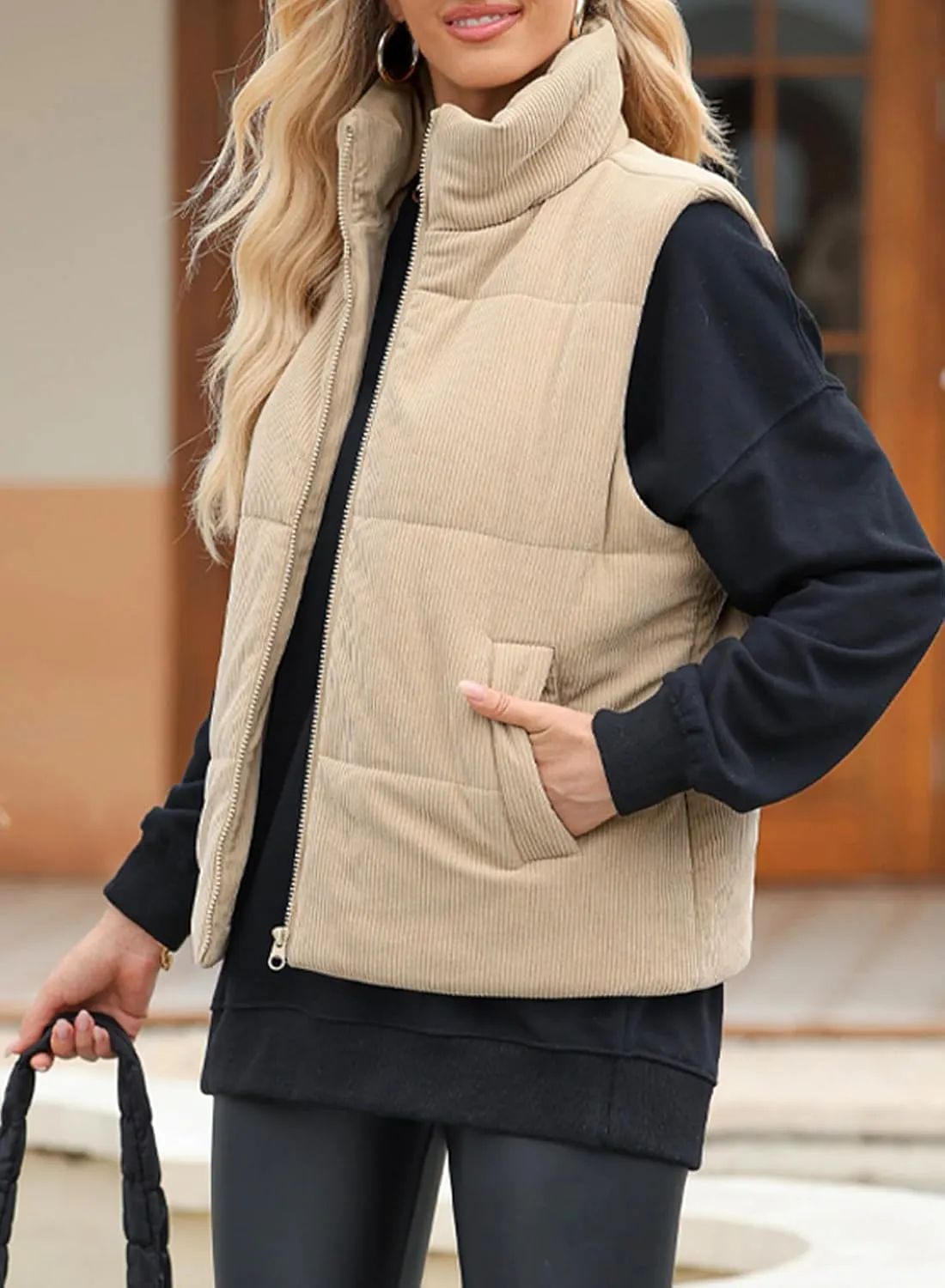 EVALESS Corduroy Cropped Puffer Vest for Women Lightweight Stand Collar Sleeveless Jackets Zip Up Clothes Fashion 2024