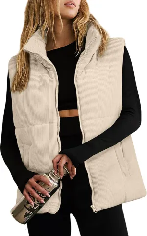 EVALESS Corduroy Cropped Puffer Vest for Women Lightweight Stand Collar Sleeveless Jackets Zip Up Clothes Fashion 2024