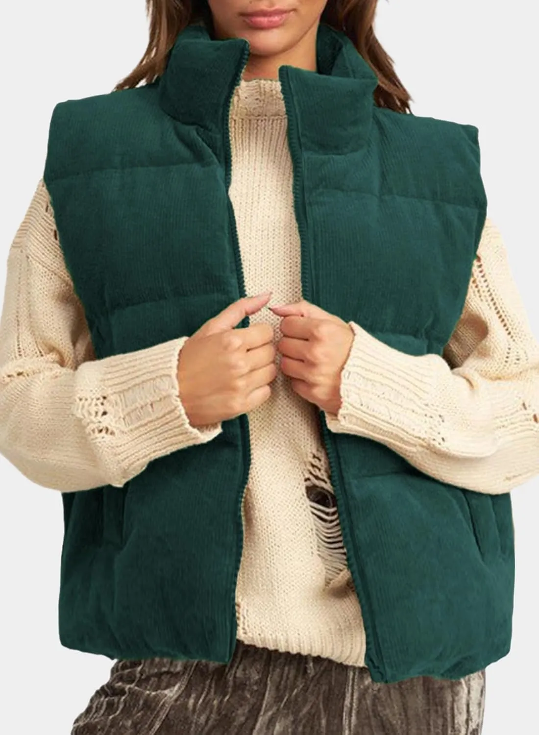 EVALESS Corduroy Cropped Puffer Vest for Women Lightweight Stand Collar Sleeveless Jackets Zip Up Clothes Fashion 2024