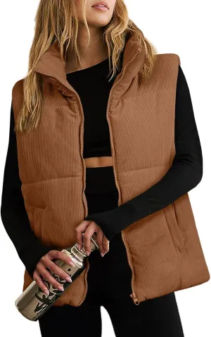 EVALESS Corduroy Cropped Puffer Vest for Women Lightweight Stand Collar Sleeveless Jackets Zip Up Clothes Fashion 2024