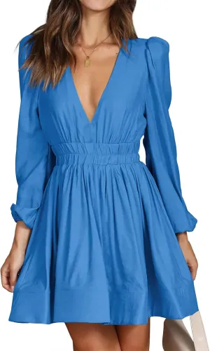 FAIABLE Mini Dress Deep V Sexy Dress Long Sleeve Dress for Women A-line High Waisted Casual Flowy Dress