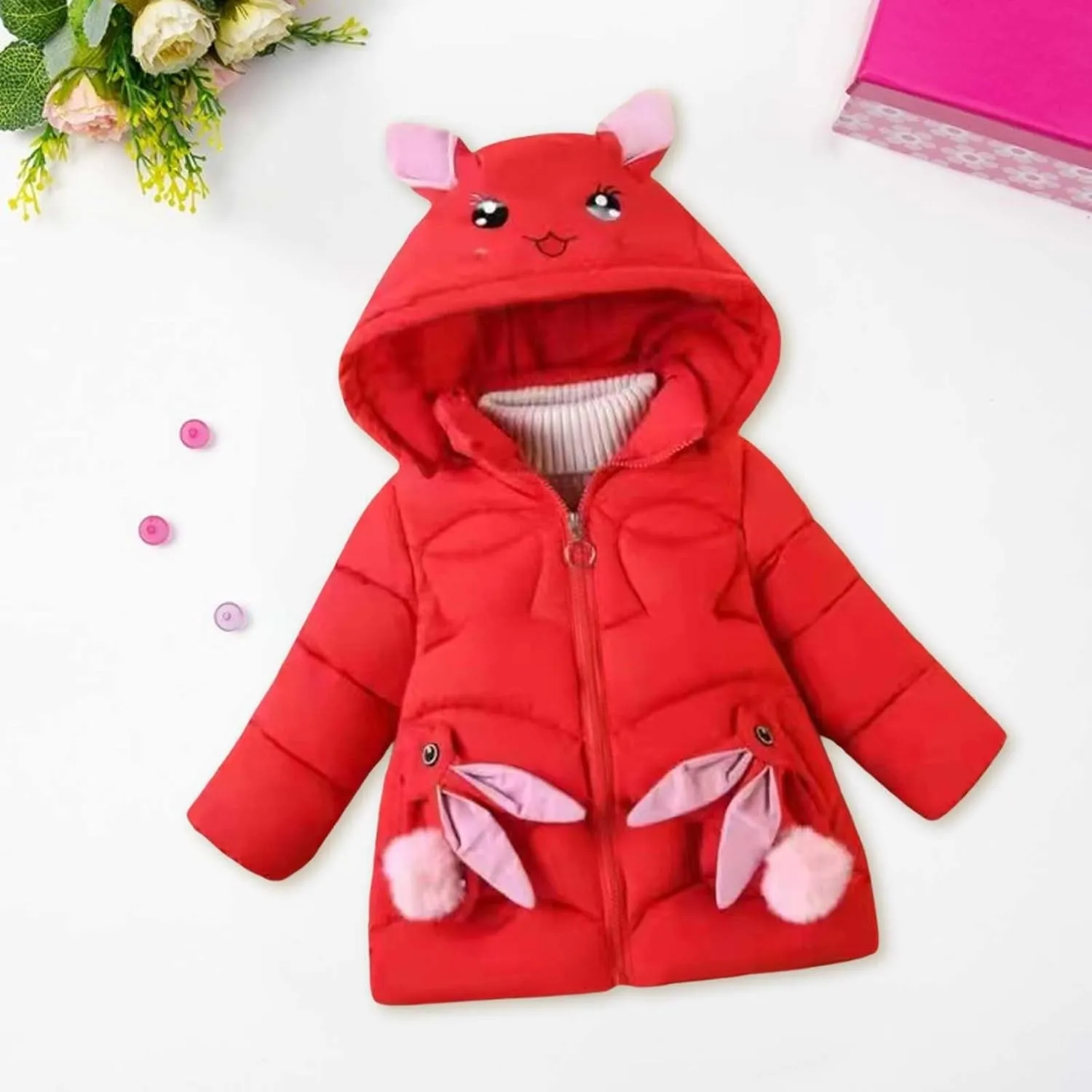 Fall Girls Winter Coats Faux  Hooded Rabbit Style Warm Cotton Padded Down Jacket Snowsuit for Toddler Girl