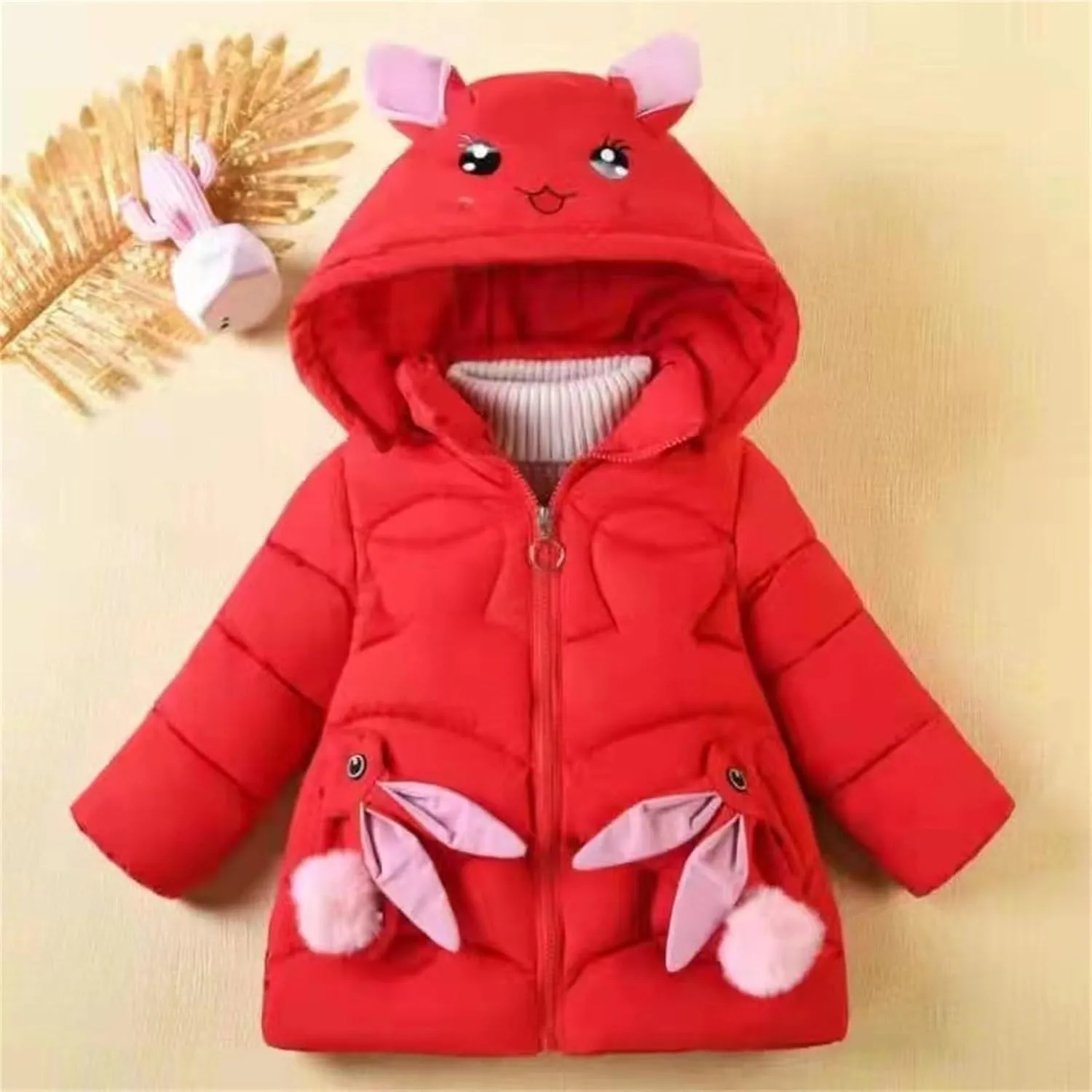Fall Girls Winter Coats Faux  Hooded Rabbit Style Warm Cotton Padded Down Jacket Snowsuit for Toddler Girl