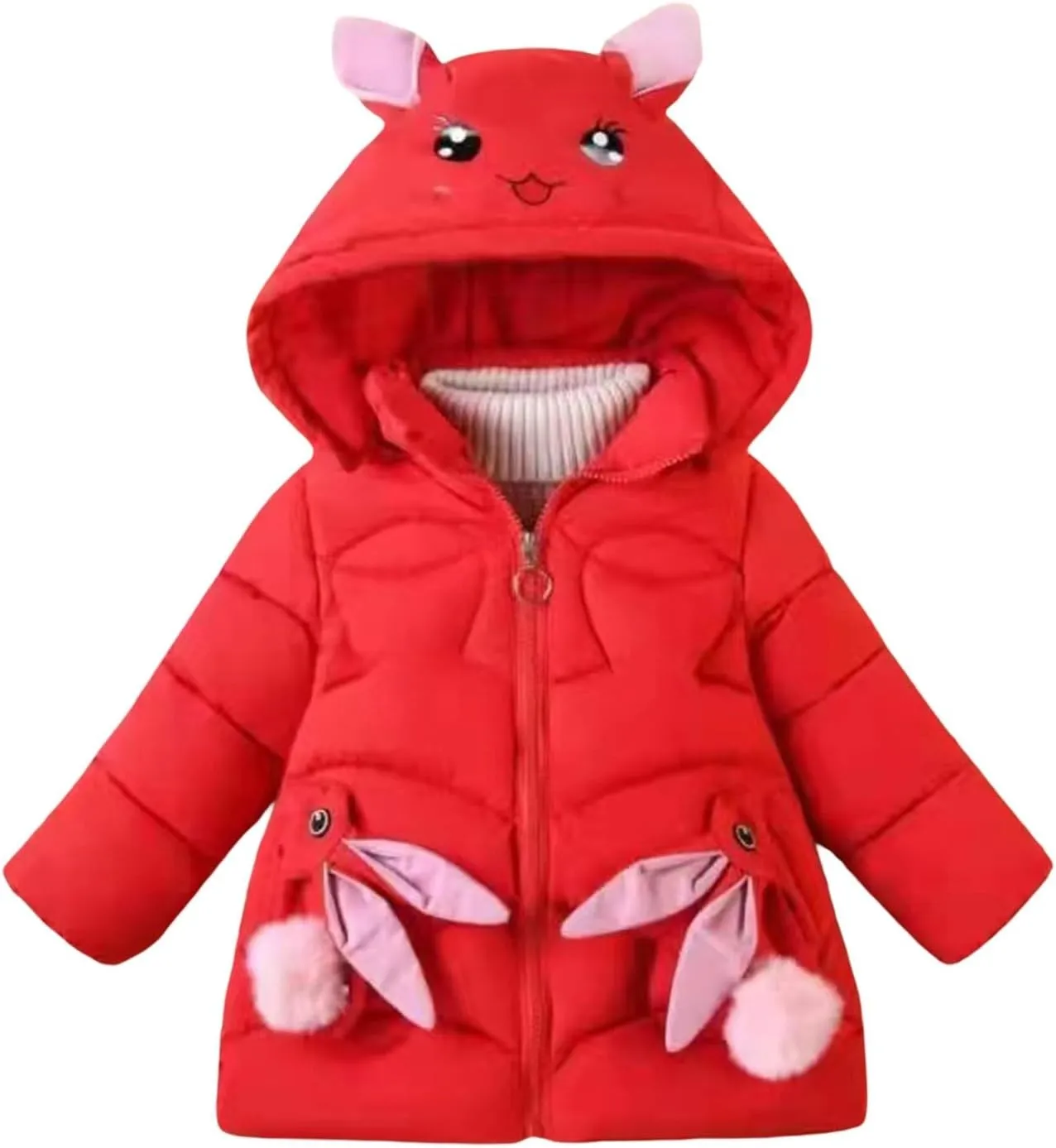 Fall Girls Winter Coats Faux  Hooded Rabbit Style Warm Cotton Padded Down Jacket Snowsuit for Toddler Girl