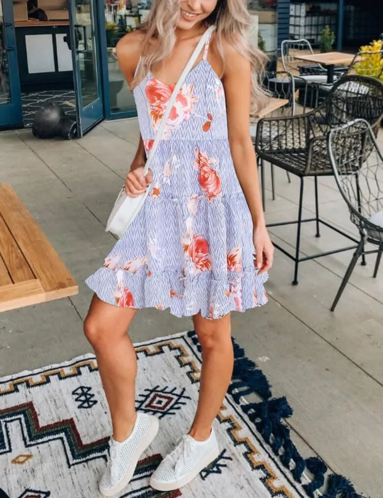 FANCYINN Women Floral Casual Tiered Mini Dresses Spaghetti Strap V Neck Backless A Line Swing Short Dress with Pockets