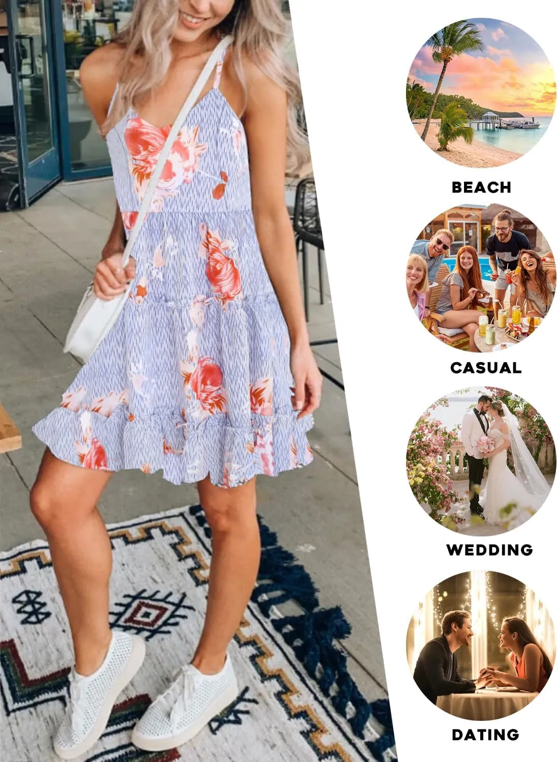 FANCYINN Women Floral Casual Tiered Mini Dresses Spaghetti Strap V Neck Backless A Line Swing Short Dress with Pockets
