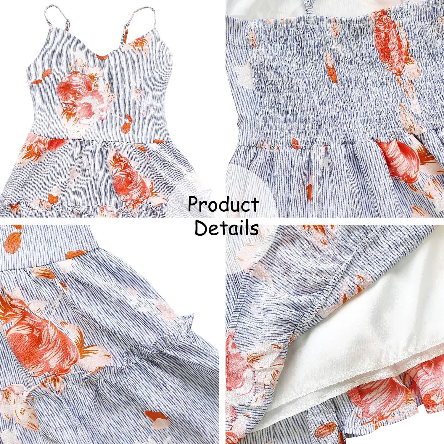 FANCYINN Women Floral Casual Tiered Mini Dresses Spaghetti Strap V Neck Backless A Line Swing Short Dress with Pockets