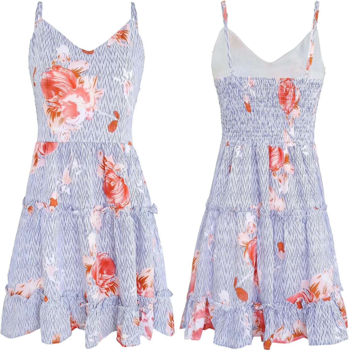FANCYINN Women Floral Casual Tiered Mini Dresses Spaghetti Strap V Neck Backless A Line Swing Short Dress with Pockets