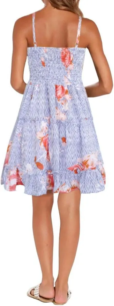 FANCYINN Women Floral Casual Tiered Mini Dresses Spaghetti Strap V Neck Backless A Line Swing Short Dress with Pockets