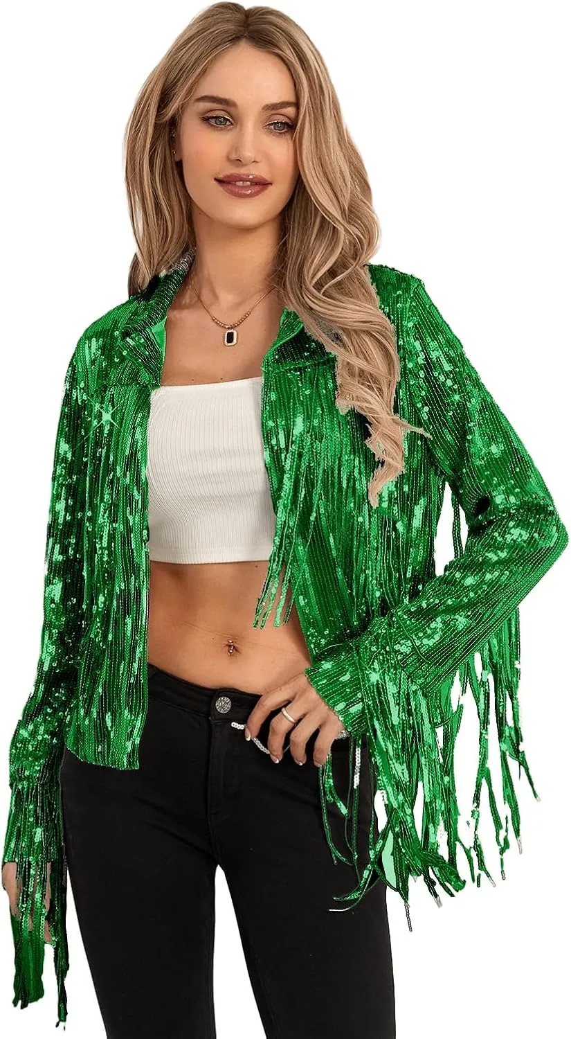 FEORJGP Women Sparkly Sequin Jacket Shiny Glitter Tassel Fringe Hem Disco Jacket Sequin Fringe Jacket Coat Y2K 90s Streetwear